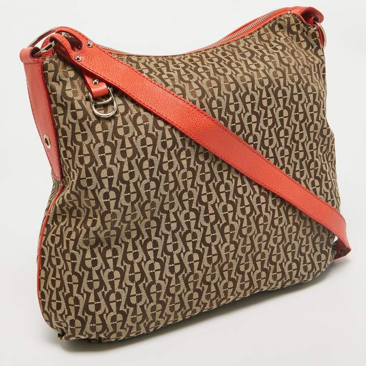 Pre Owned Aigner Beige/Orange Monogram Canvas and Leather Zip Crossbody Bag