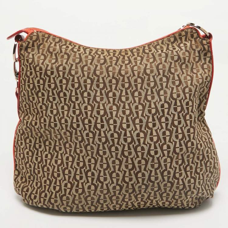 Pre Owned Aigner Beige/Orange Monogram Canvas and Leather Zip Crossbody Bag