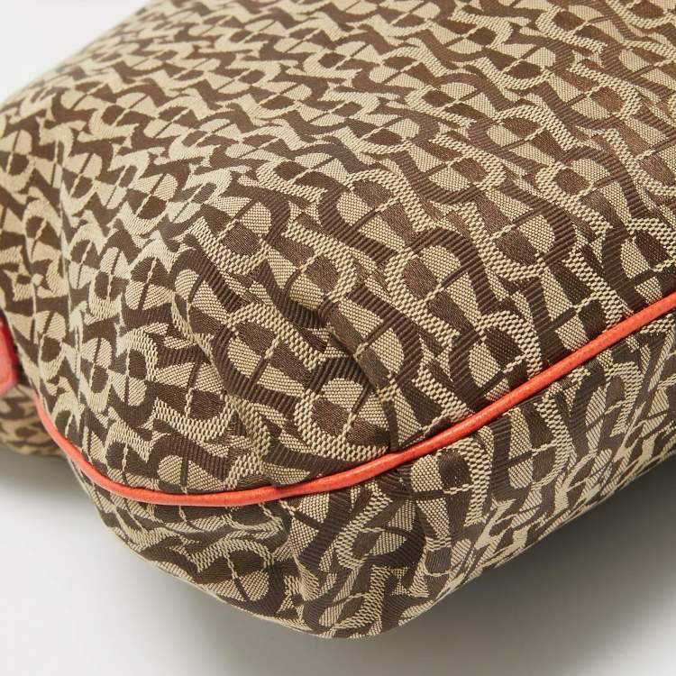 Pre Owned Aigner Beige/Orange Monogram Canvas and Leather Zip Crossbody Bag