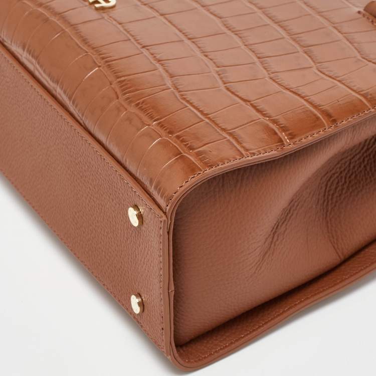 Pre Owned Aigner Brown Croc Embossed Leather Tote