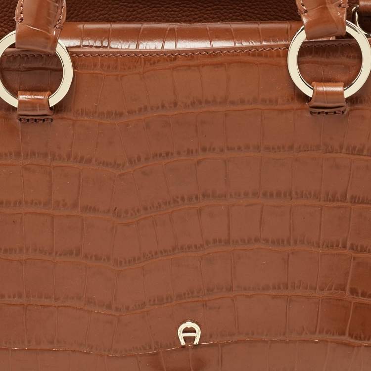 Pre Owned Aigner Brown Croc Embossed Leather Tote