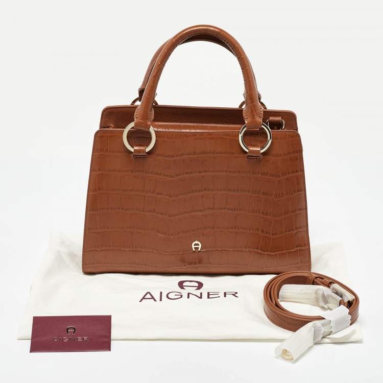 Pre Owned Aigner Brown Croc Embossed Leather Tote