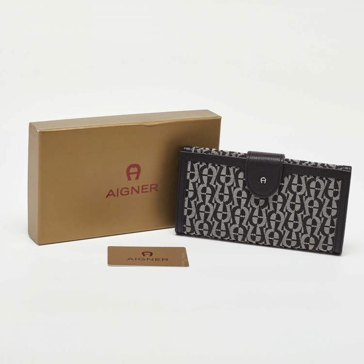 Pre Owned Aigner Black/White Signature Canvas and Leather Continental Wallet
