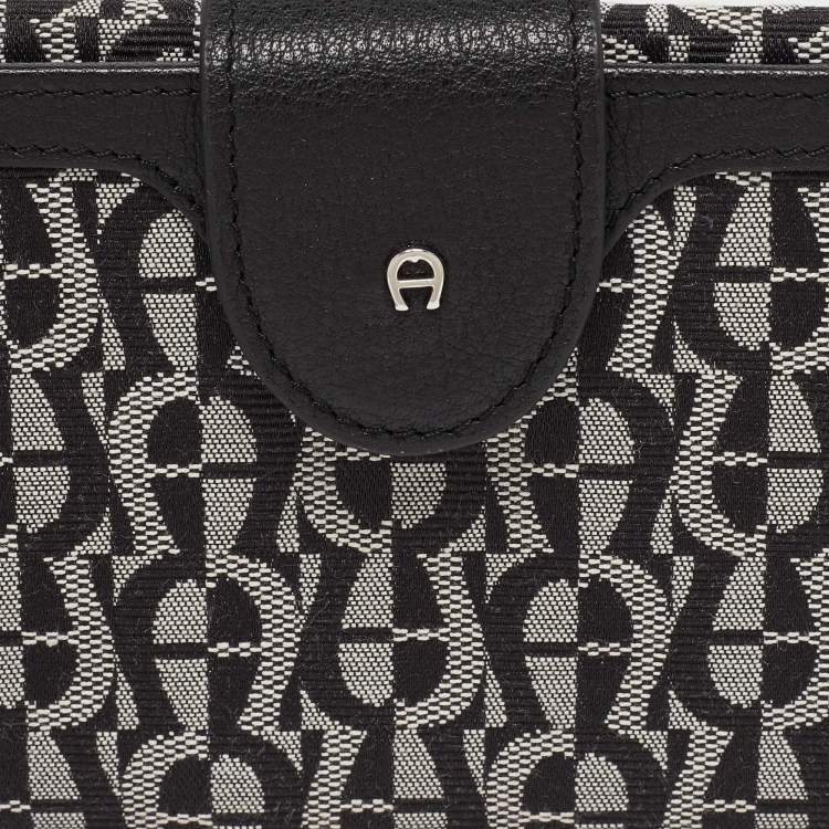 Pre Owned Aigner Black/White Signature Canvas and Leather Continental Wallet