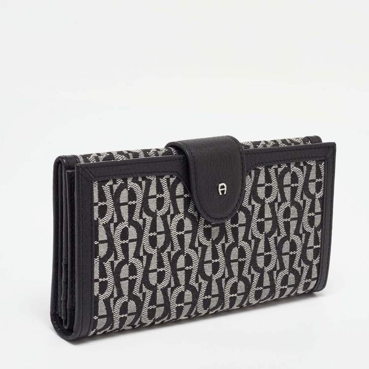 Pre Owned Aigner Black/White Signature Canvas and Leather Continental Wallet