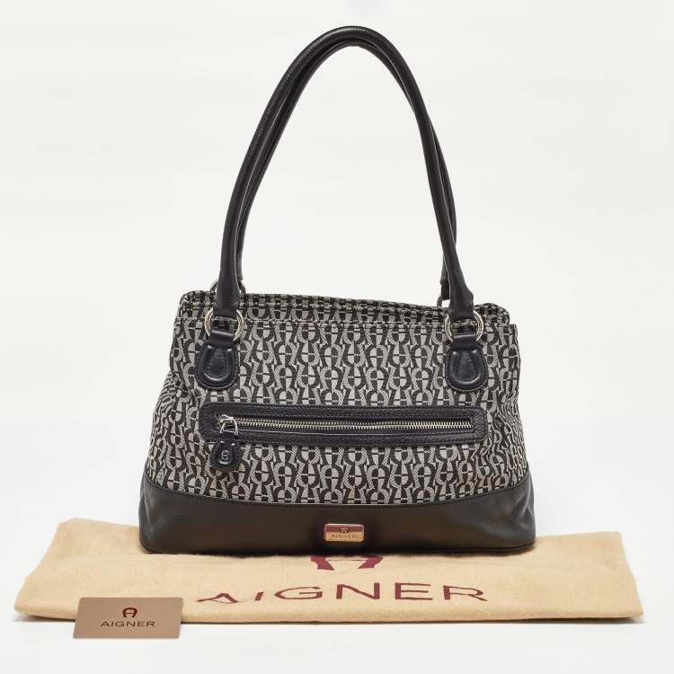 Pre Owned Aigner Black/White Signature Canvas and Leather Logo Tote