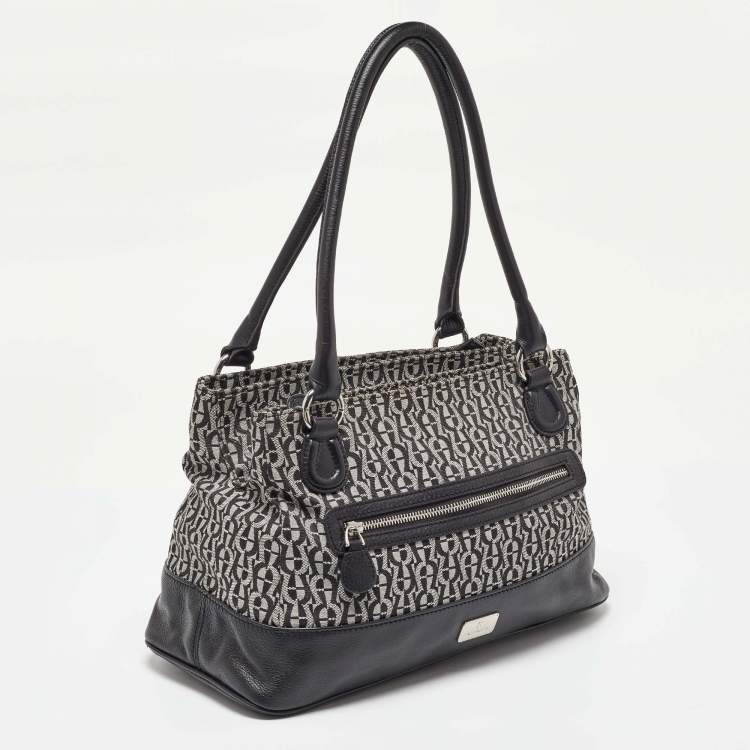 Pre Owned Aigner Black/White Signature Canvas and Leather Logo Tote