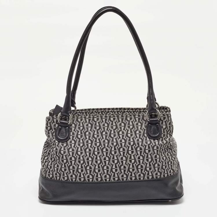 Pre Owned Aigner Black/White Signature Canvas and Leather Logo Tote