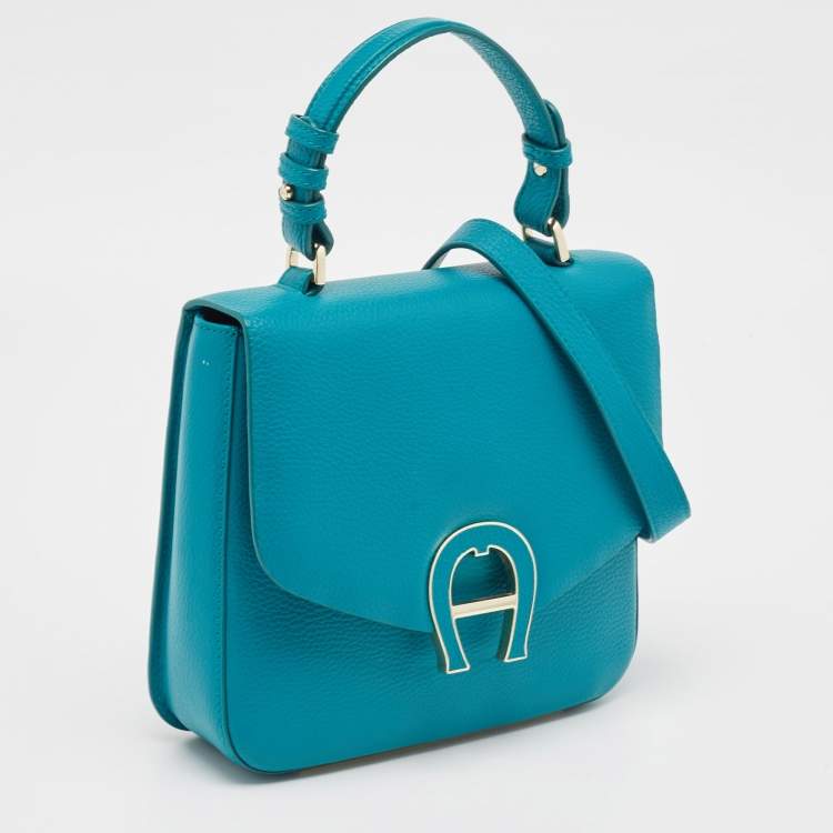 Pre Owned Aigner Green Leather Logo Flap Top Handle Bag