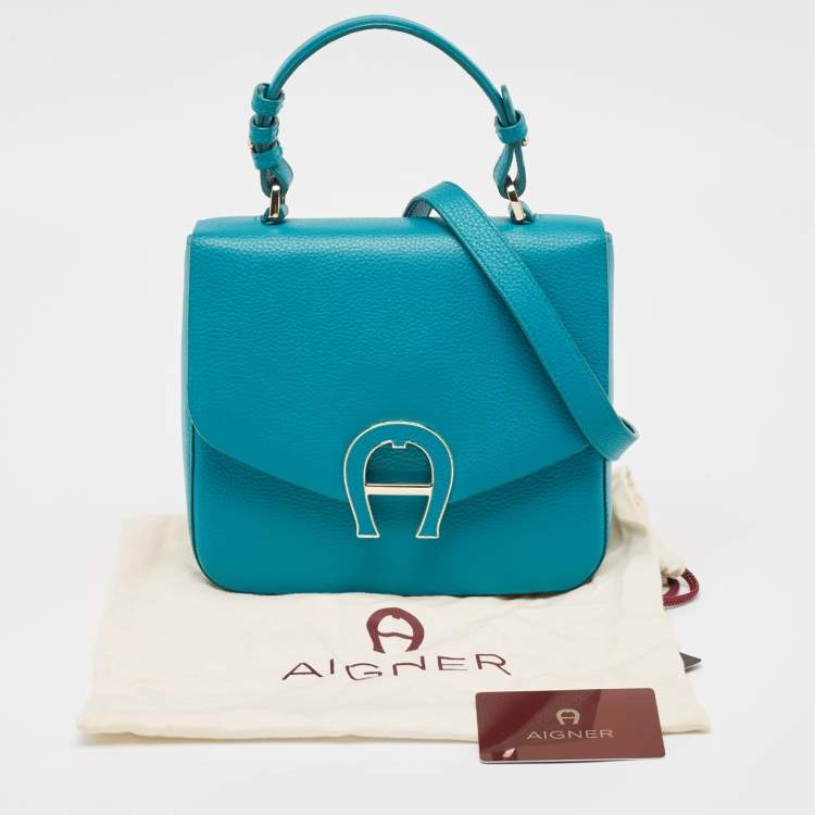 Pre Owned Aigner Green Leather Logo Flap Top Handle Bag