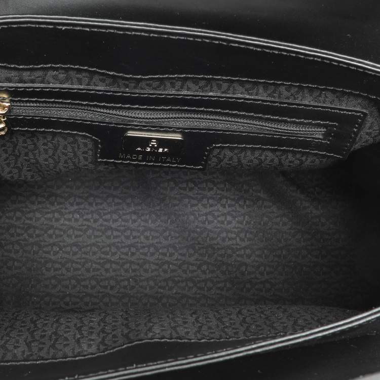 Pre Owned Aigner Black Embroidery and Leather Top Handle Bag