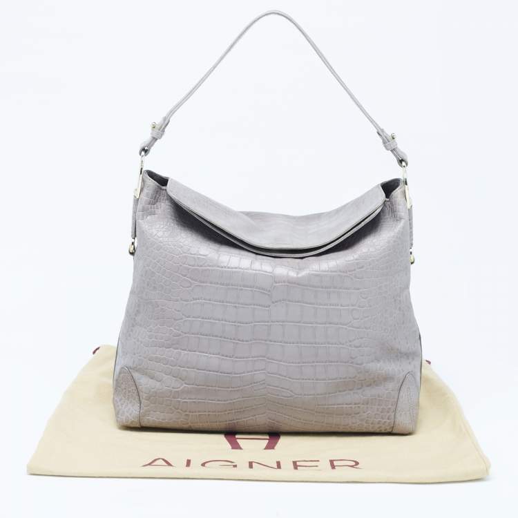 Pre Owned Aigner Grey Croc Embossed Leather Logo Shoulder Bag