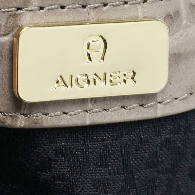 Pre Owned Aigner Grey Croc Embossed Leather Logo Shoulder Bag