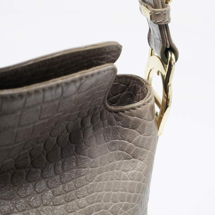 Pre Owned Aigner Grey Croc Embossed Leather Logo Shoulder Bag