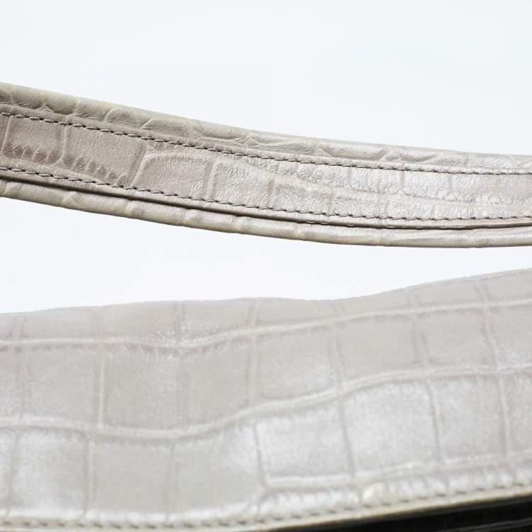 Pre Owned Aigner Grey Croc Embossed Leather Logo Shoulder Bag