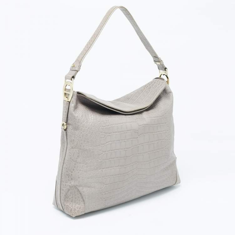 Pre Owned Aigner Grey Croc Embossed Leather Logo Shoulder Bag