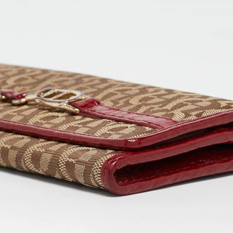 Pre Owned Aigner Beige/Red Signature Canvas and Patent Leather Flap Continental Wallet
