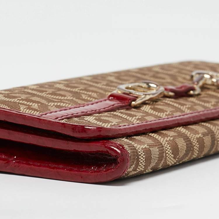 Pre Owned Aigner Beige/Red Signature Canvas and Patent Leather Flap Continental Wallet
