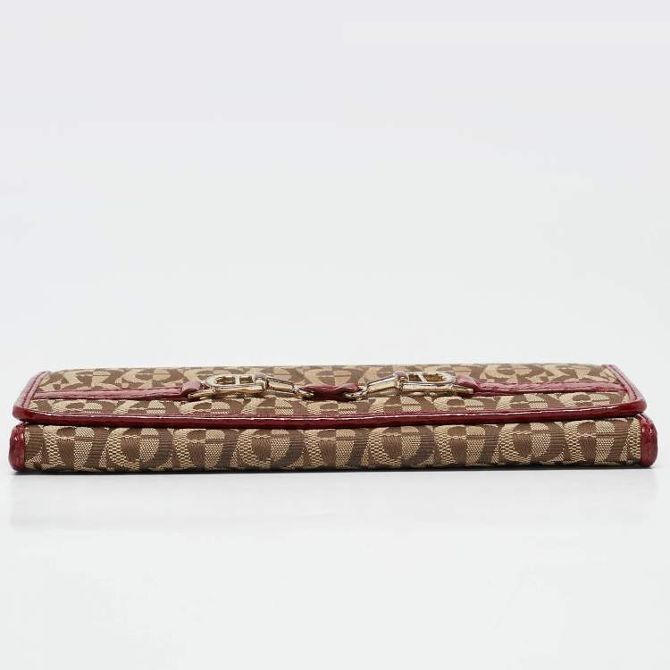 Pre Owned Aigner Beige/Red Signature Canvas and Patent Leather Flap Continental Wallet