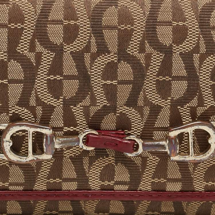 Pre Owned Aigner Beige/Red Signature Canvas and Patent Leather Flap Continental Wallet