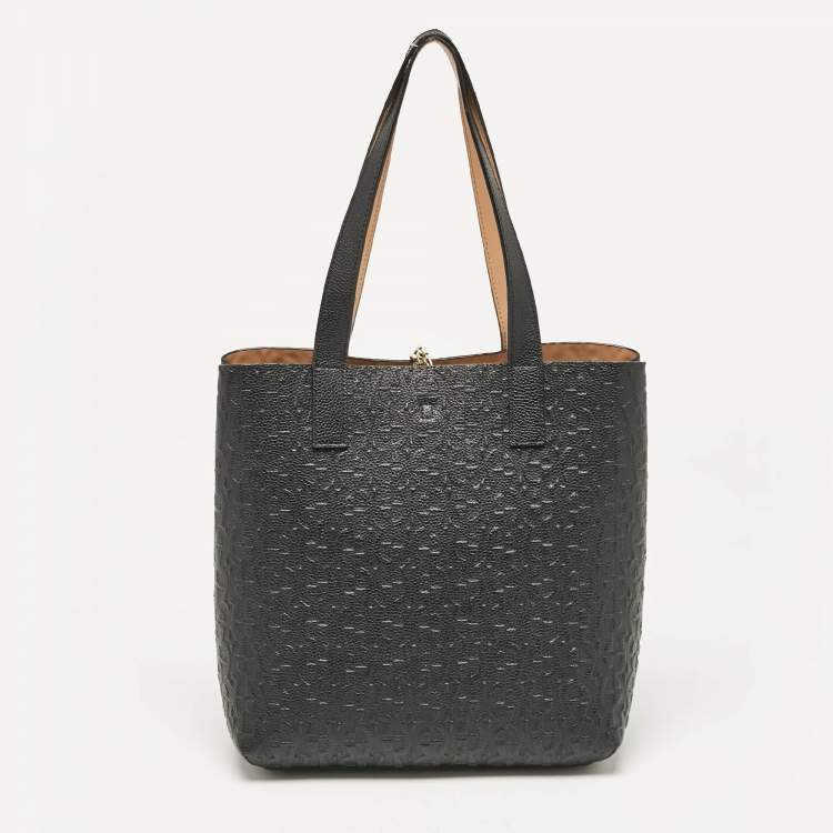 Pre Owned Aigner Black/Beige Monogram Embossed Leather Leonie Tote