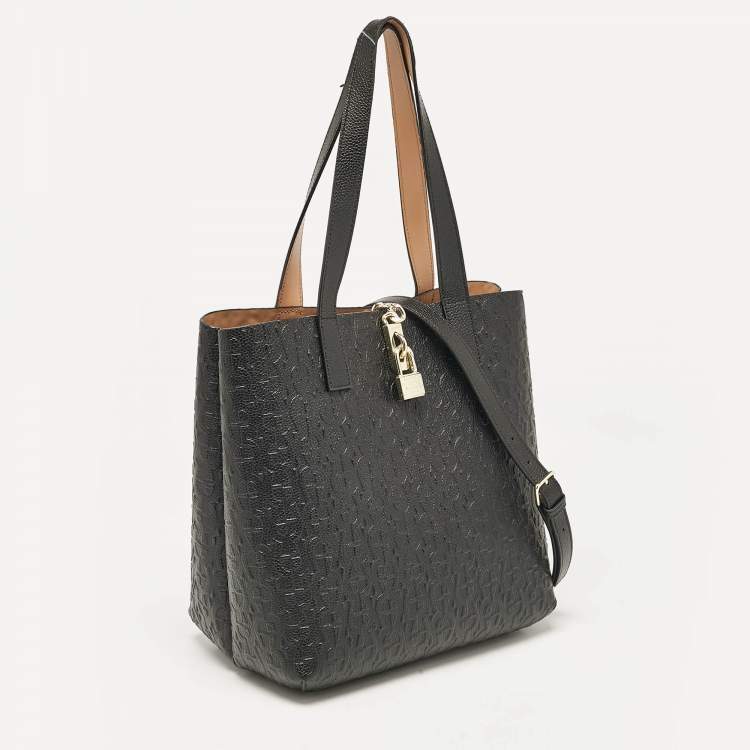 Pre Owned Aigner Black/Beige Monogram Embossed Leather Leonie Tote