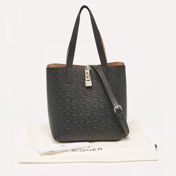 Pre Owned Aigner Black/Beige Monogram Embossed Leather Leonie Tote