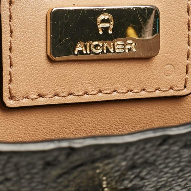 Pre Owned Aigner Black/Beige Monogram Embossed Leather Leonie Tote