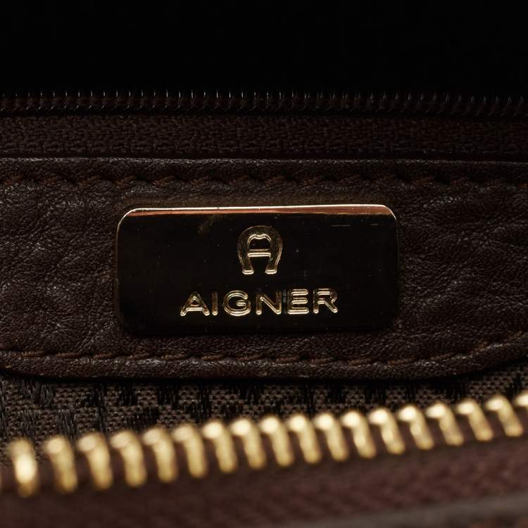 Pre Owned Aigner Brown/Beige Signature Coated Canvas and Leather Boston Bag