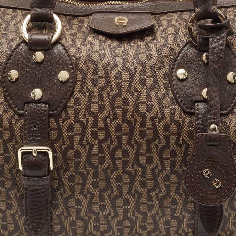 Pre Owned Aigner Brown/Beige Signature Coated Canvas and Leather Boston Bag