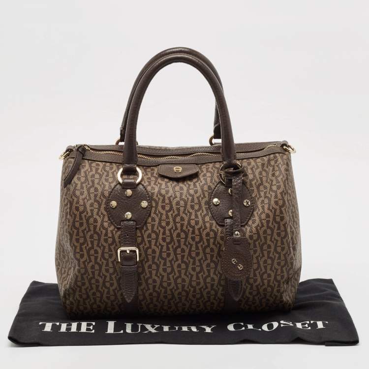 Pre Owned Aigner Brown/Beige Signature Coated Canvas and Leather Boston Bag