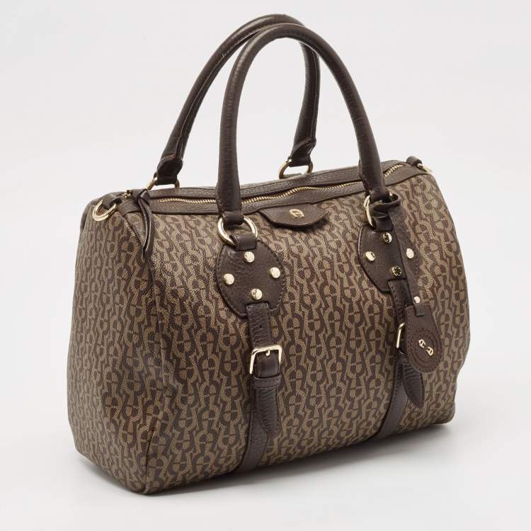 Pre Owned Aigner Brown/Beige Signature Coated Canvas and Leather Boston Bag