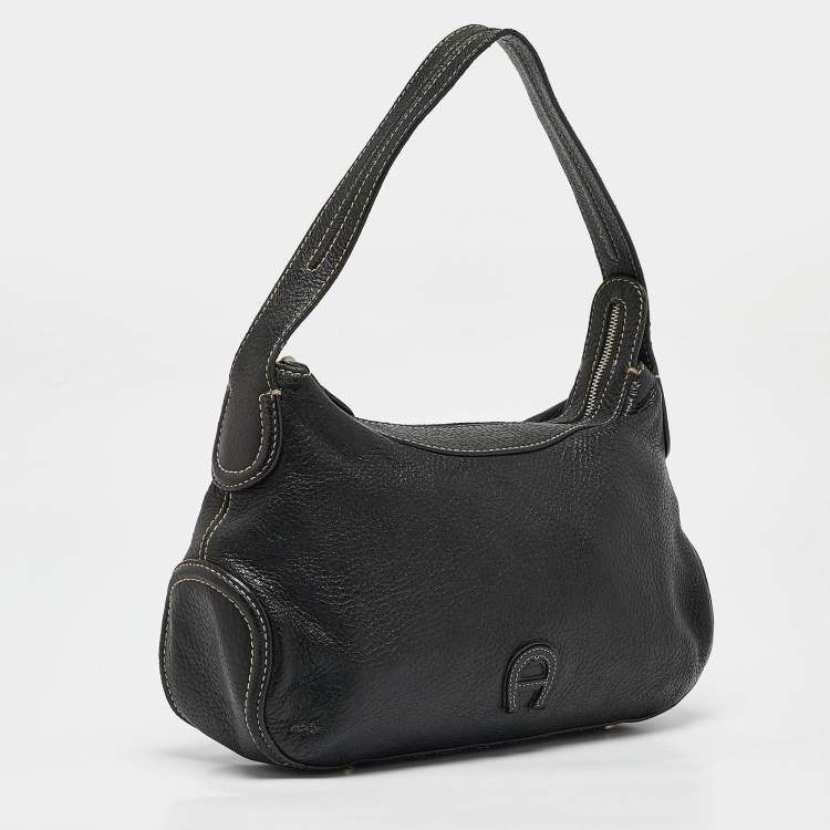 Pre Owned Aigner Black Leather Logo Shoulder Bag