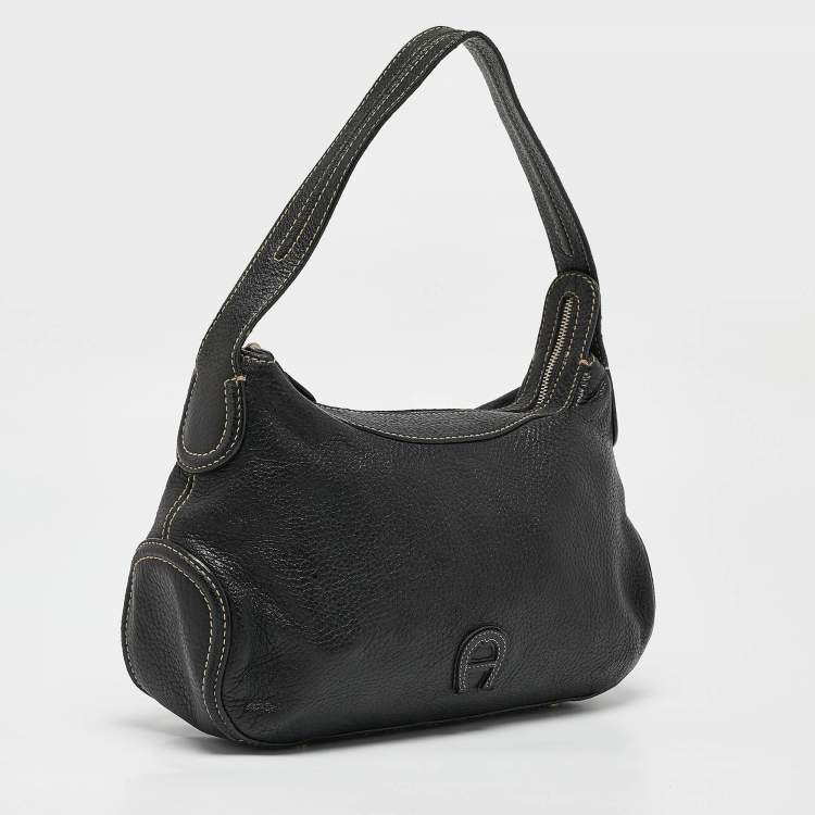 Pre Owned Aigner Black Leather Logo Shoulder Bag