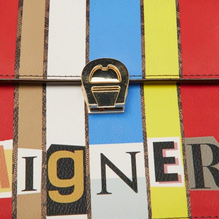 Pre Owned Aigner Multicolor Signature Coated Canvas Flap Shoulder Bag