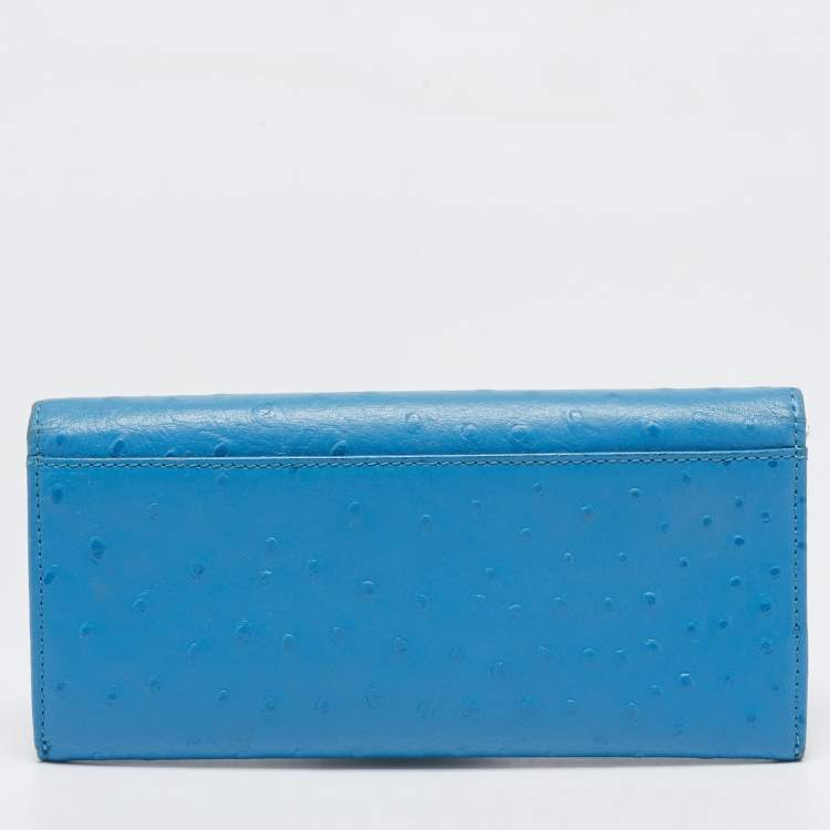 Pre Owned Aigner Blue Ostrich Embossed Leather Logo Continental Wallet