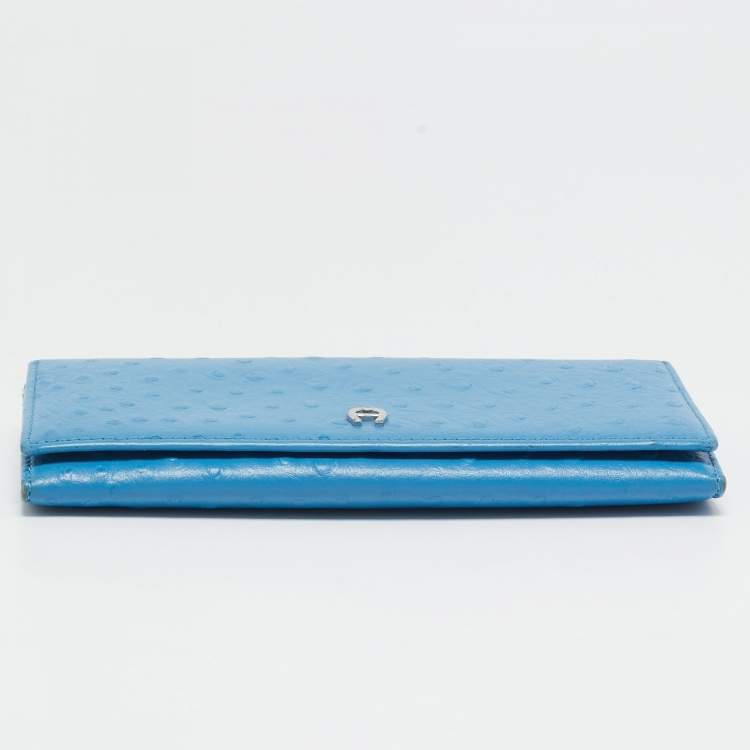 Pre Owned Aigner Blue Ostrich Embossed Leather Logo Continental Wallet