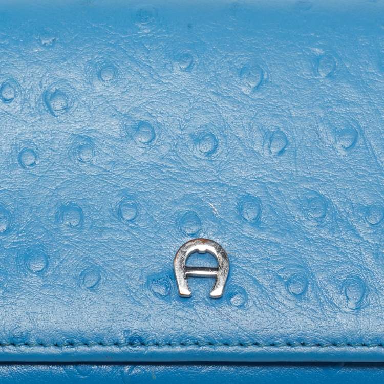 Pre Owned Aigner Blue Ostrich Embossed Leather Logo Continental Wallet