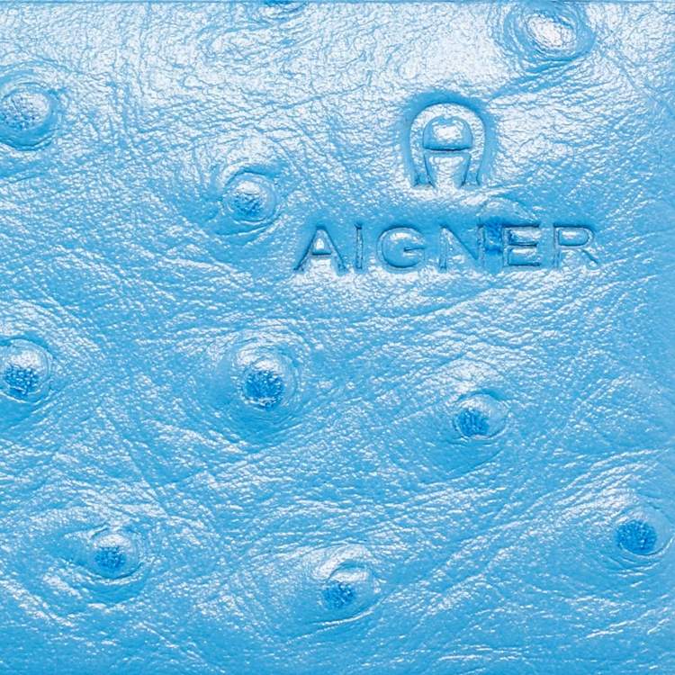 Pre Owned Aigner Blue Ostrich Embossed Leather Logo Continental Wallet