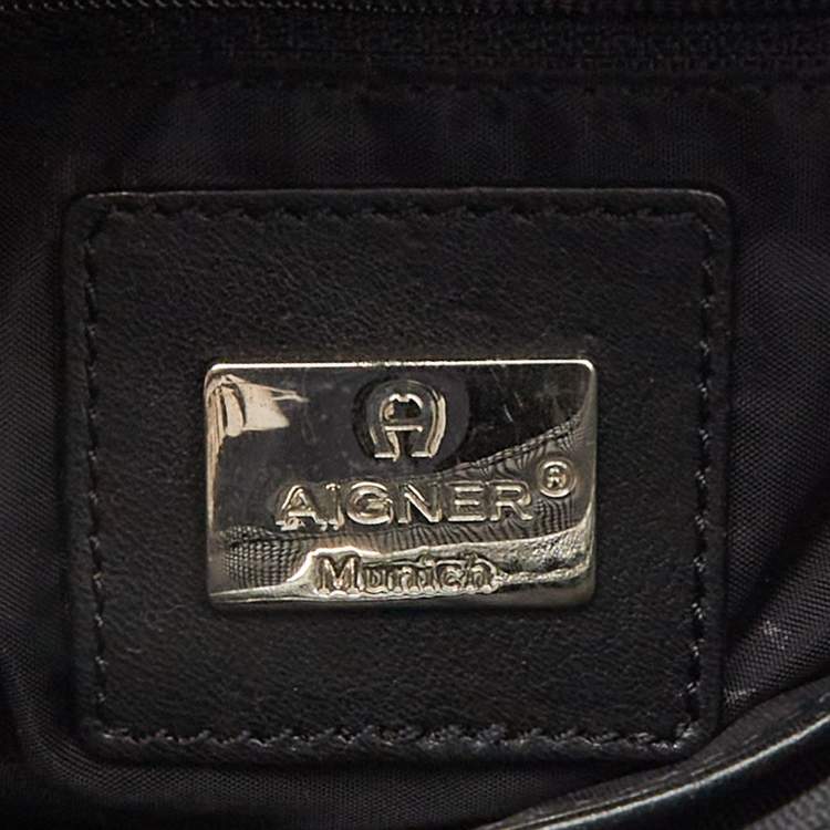 Pre Owned Aigner Black Leather and Nylon Flap Hobo