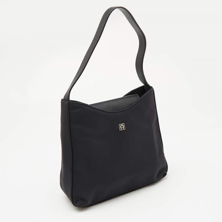 Pre Owned Aigner Black Leather and Nylon Flap Hobo