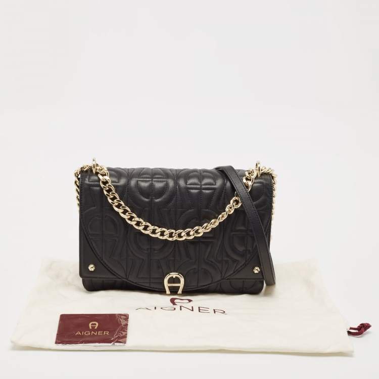 Pre Owned Aigner Black Embossed Leather Small Diadora Crossbody Bag