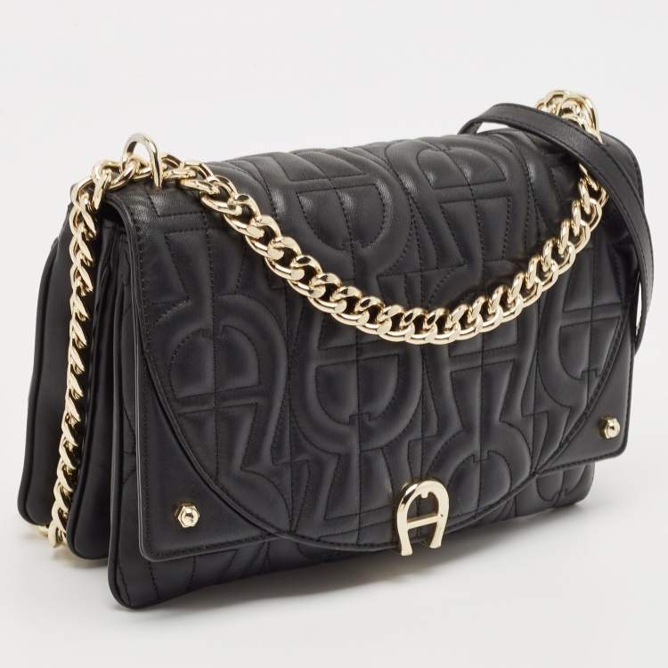 Pre Owned Aigner Black Embossed Leather Small Diadora Crossbody Bag