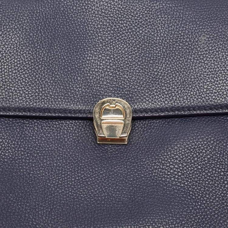 Pre Owned Aigner Navy Blue Leather Genoveva M Top Handle Bag