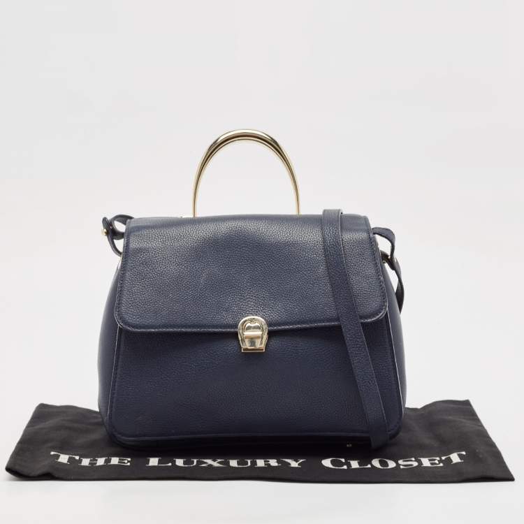 Pre Owned Aigner Navy Blue Leather Genoveva M Top Handle Bag