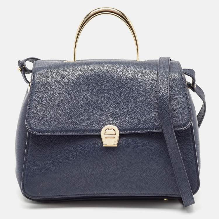 Pre Owned Aigner Navy Blue Leather Genoveva M Top Handle Bag