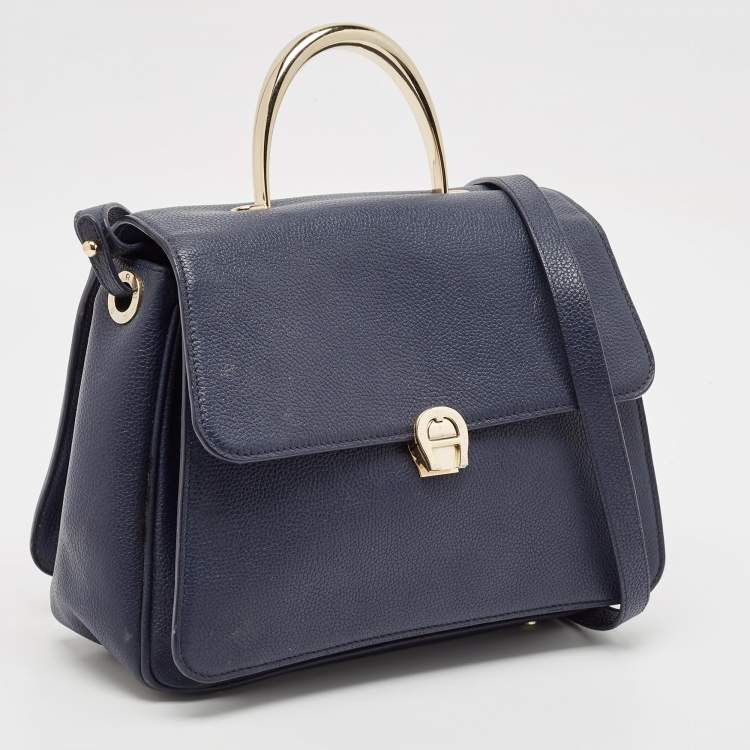 Pre Owned Aigner Navy Blue Leather Genoveva M Top Handle Bag