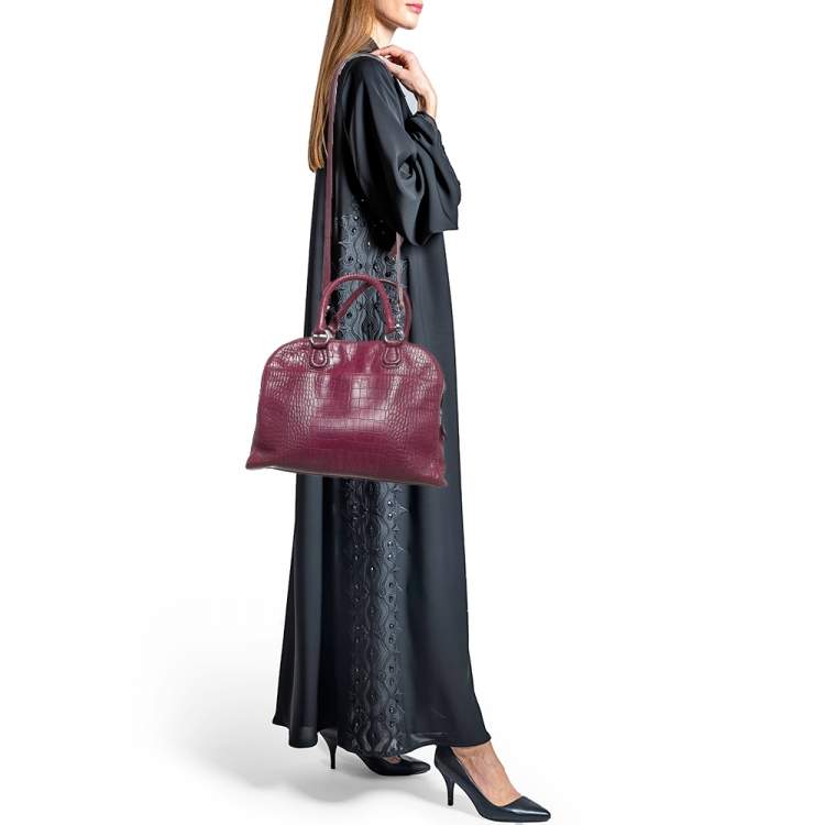 Pre Owned Aigner Magenta Croc Embossed Leather Double Zip Satchel