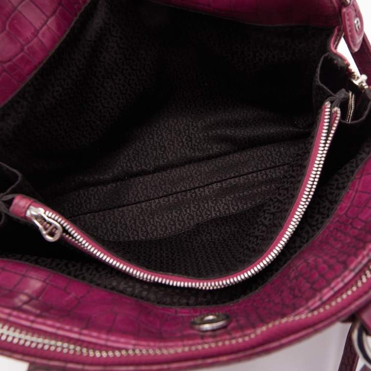 Pre Owned Aigner Magenta Croc Embossed Leather Double Zip Satchel