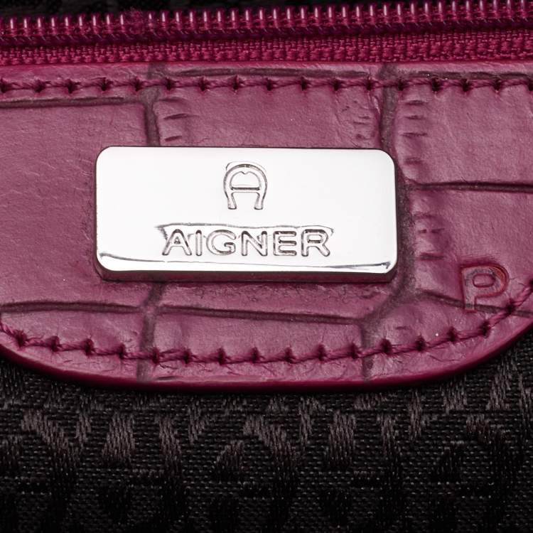 Pre Owned Aigner Magenta Croc Embossed Leather Double Zip Satchel